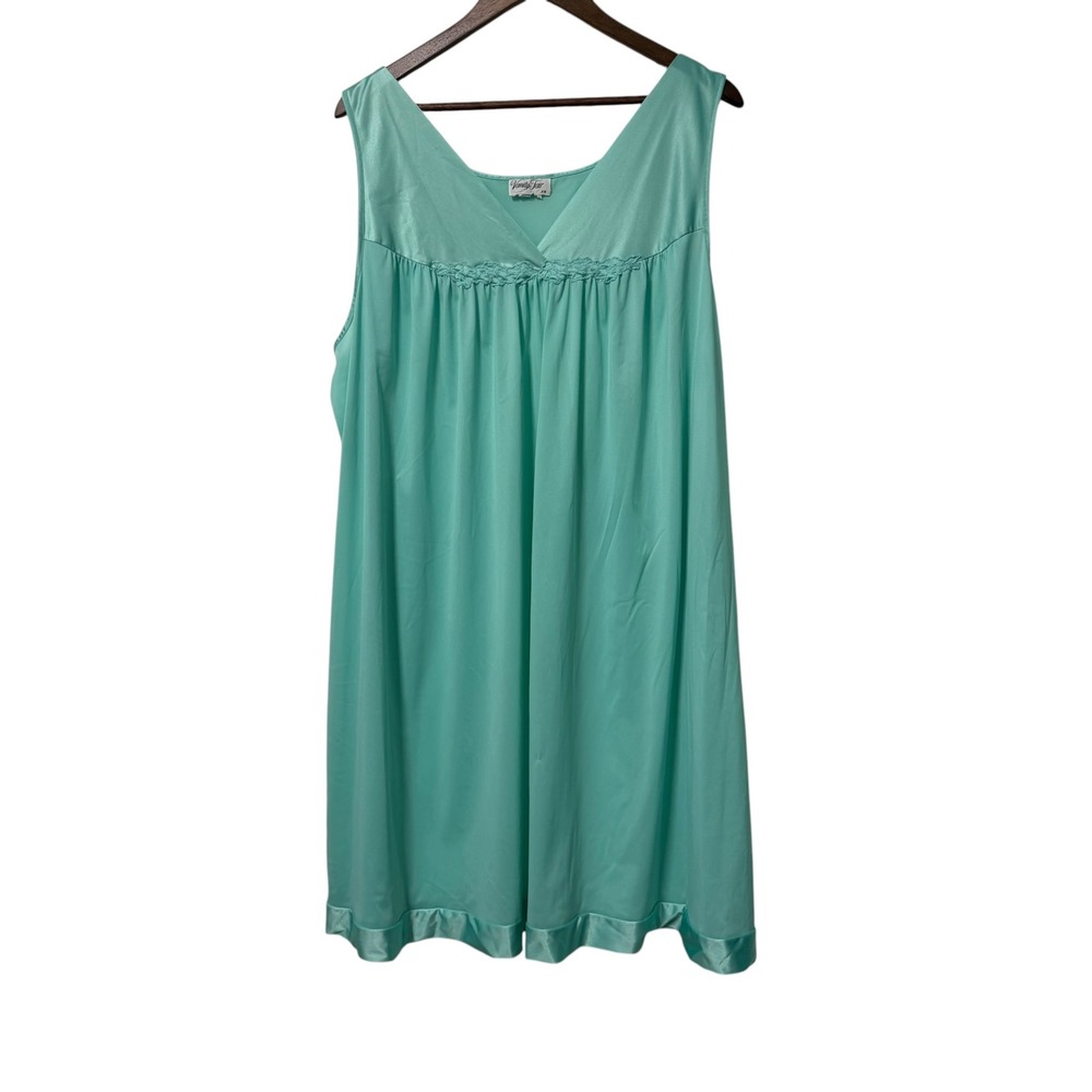 Vanity Fair Nightgown Women 2X Aqua Blue Vintage Embroidered V-Neck Cottagecore
